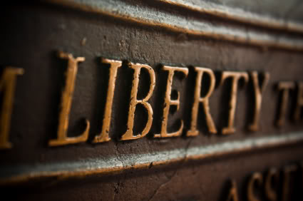 Detail of the word 'Liberty" on the Liberty Bell in Philadelphia